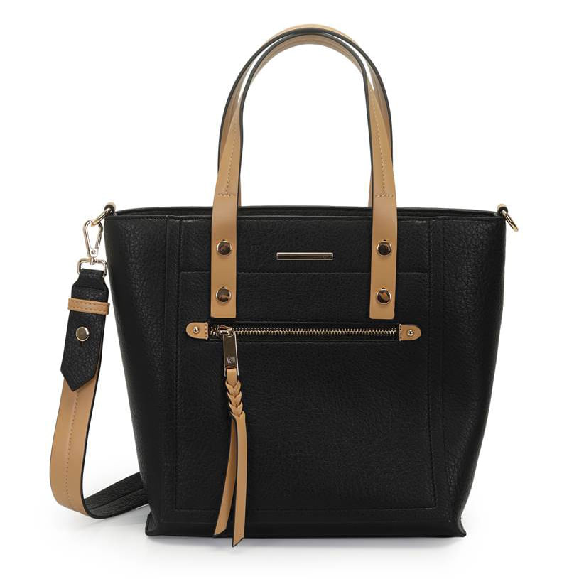 Bolsa tote preta em material sintético texturizado vista frontal com bolso e tassel, ferragens douradas